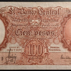 Vintage Banco República Central Argentina 100 Pesos Circulados Carta Papel Nota Moneda billete