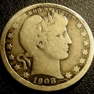 Vintage Solid Grade 1908-D Barber Quarter Silver Coin Nice Original Piece authentic Antique U.S.  1.00 Shipping