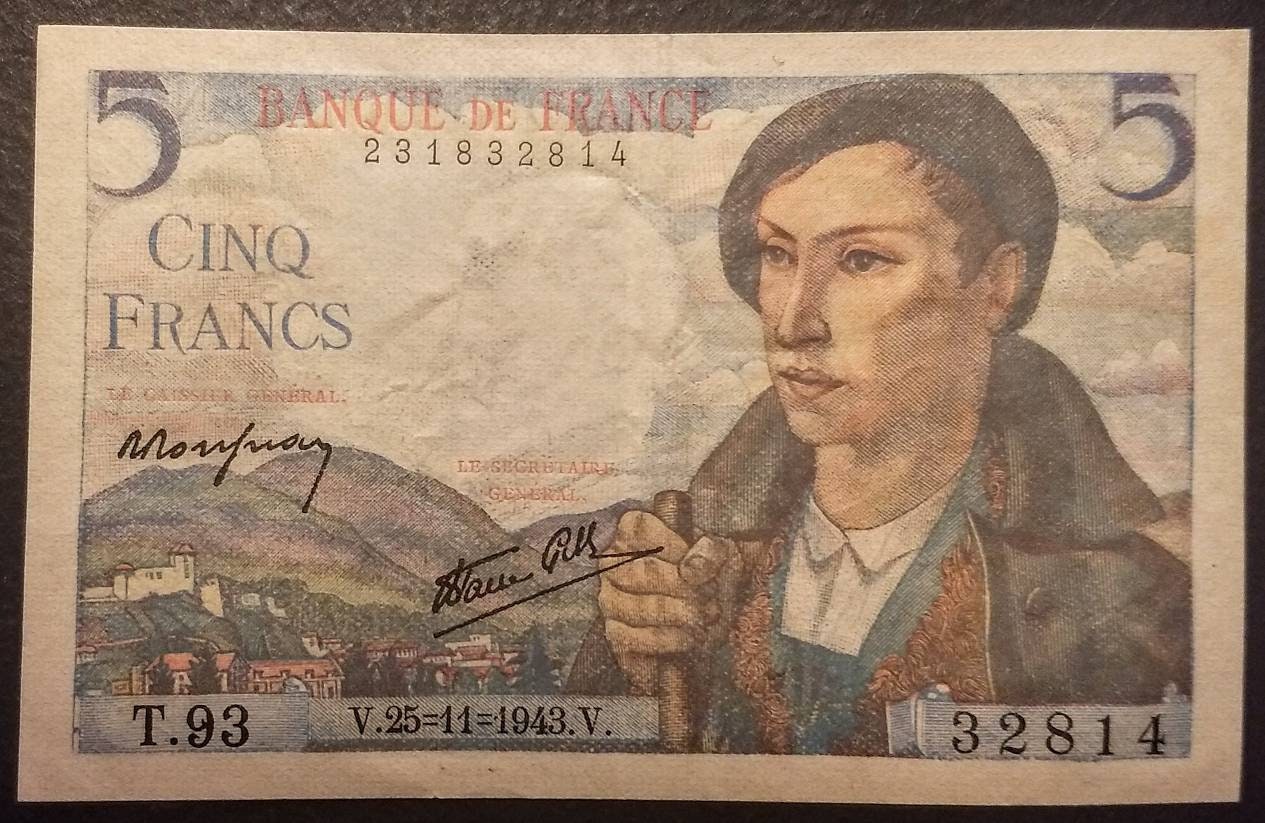 未使用 1944年 フランス 軍票 France 5 フラン francs 紙幣 Vintage 1943 Antique Lightly Circulated Banque De France