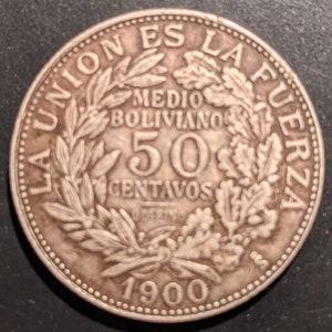 Kaum 1900 Bolivien Silber 50 Fifty Centavos alte Welt Münze Republica Boliviana Antik