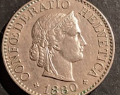 Scarce 1880 B Higher Grade Switzerland 10 Rappen Helevetia Swiss Coin Bern Mint World Coin Old Piece 1.00 Shipping
