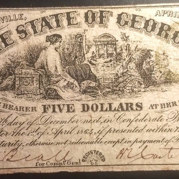 State of Georgia 1800's Five Dollar Obsolete Large Note Civil War Era  U.S. bill banknote currency 1.00 Shipping