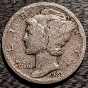 1927 Antique Solid Roaring Twenties Vintage Silver Mercury Dime Ten Cent Piece Authentic U.S. Coin 1.00 Shipping