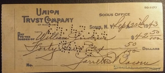 Vintage Union Trust Company 1943 Check with historical Currency banknote