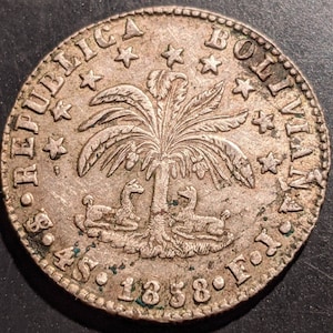 Knapp 1858 Bolivien 4 vier Sohlen Silber alte Welt Münze Republica Boliviana Antik