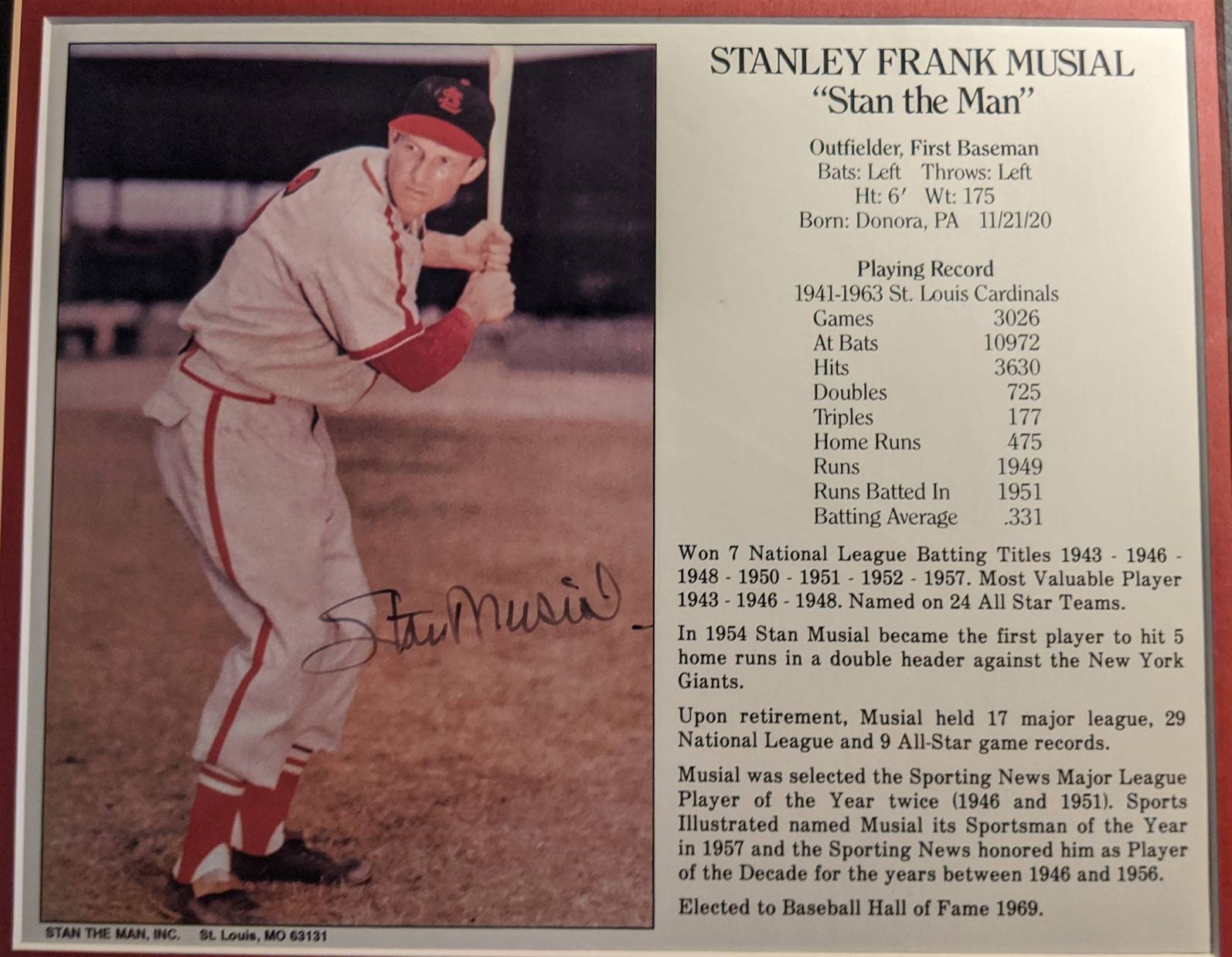 Stan Musial 15 X 17 Framed and Matted Pristine 8 X 10 