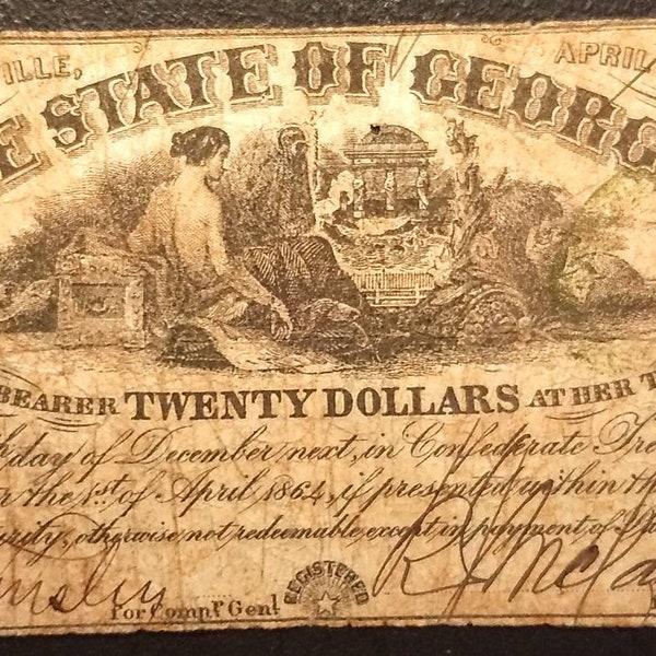 Milledgeville State of Georgia 1864 Twenty Dollar Obsolete Large Note Civil War Era  U.S. bill banknote currency 1.00 Shipping