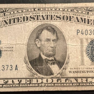 1934C Vintage Nice Grade Circulated  Silver Certificate Five Dollar Bill Blue seal  banknote