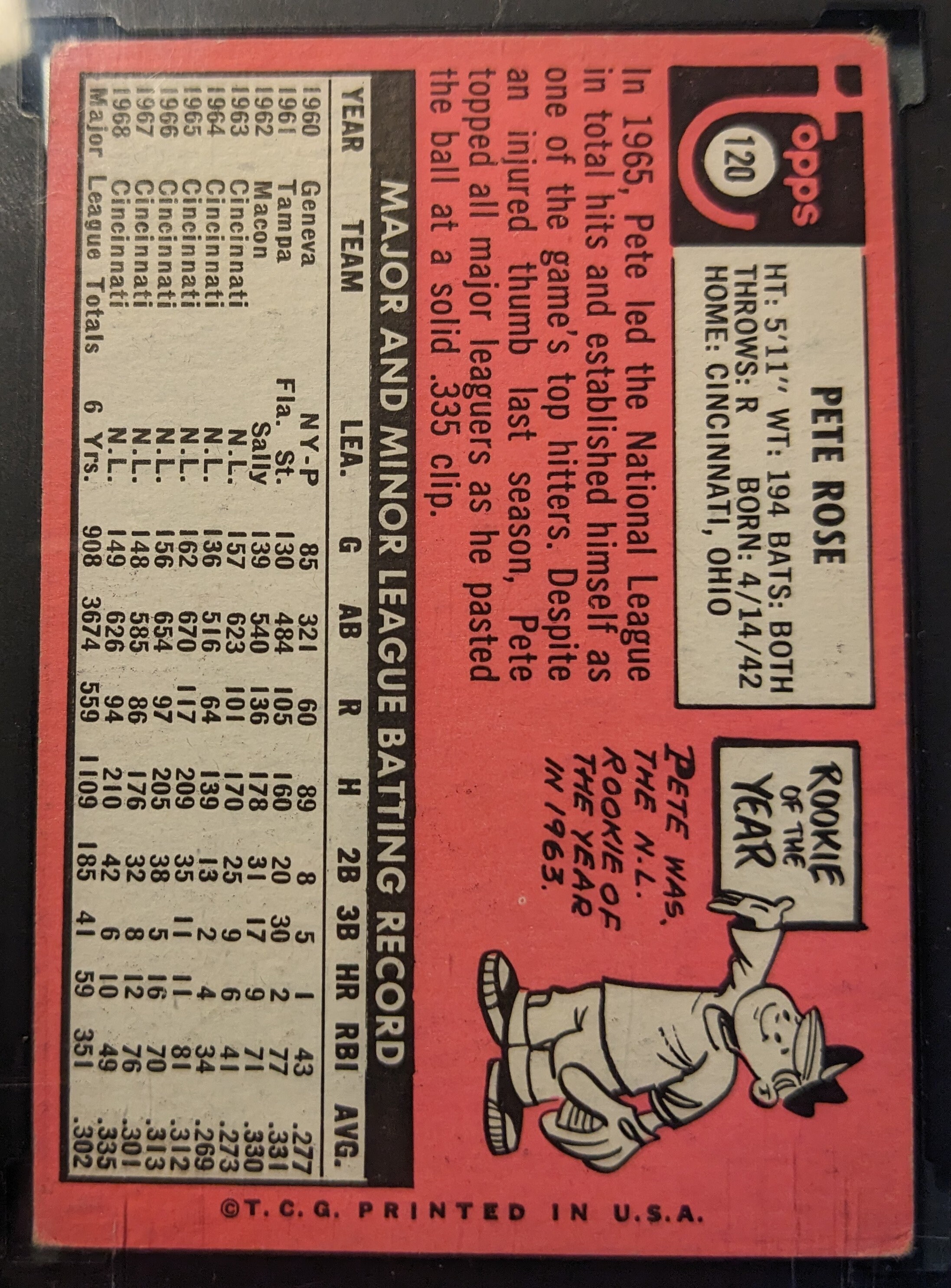 Authentic 1969 Topps #120 Pete Rose Cincinnati Reds SGC 3