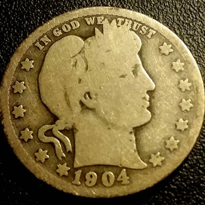 Vintage Solid Grade 1904-O Semi Key Barber Quarter Silver Coin Nice Original Piece authentic Antique U.S.  1.00 Shipping