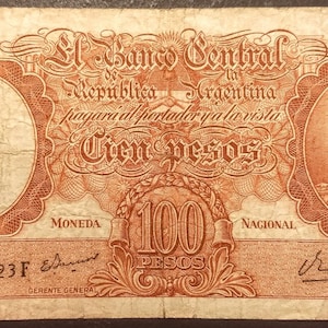 Vintage Banco República Central Argentina 100 Pesos Circulados Carta Papel Nota Moneda billete