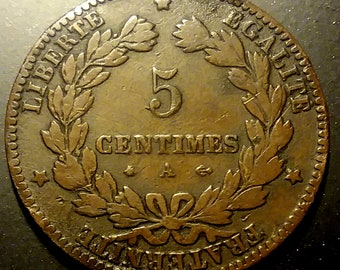1877 France 5 Five Centimes Antique Vintage World Coin French World Coin Piece 1.00 Shipping