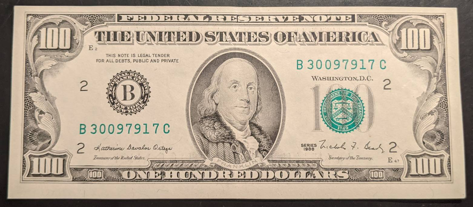 1988 One Hundred Dollar off Center Error Very Nice