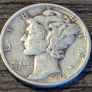 1942 Antique Solid WW2 Date Vintage Silver Mercury Dime Ten Cent Piece Authentic U.S. Coin 1.00 Shipping