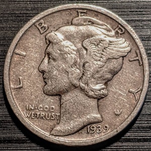Vintage 1939-D Silver Mercury Dime Ten Cent Piece Antique Authentic U.S. Coin 1.00 Shipping