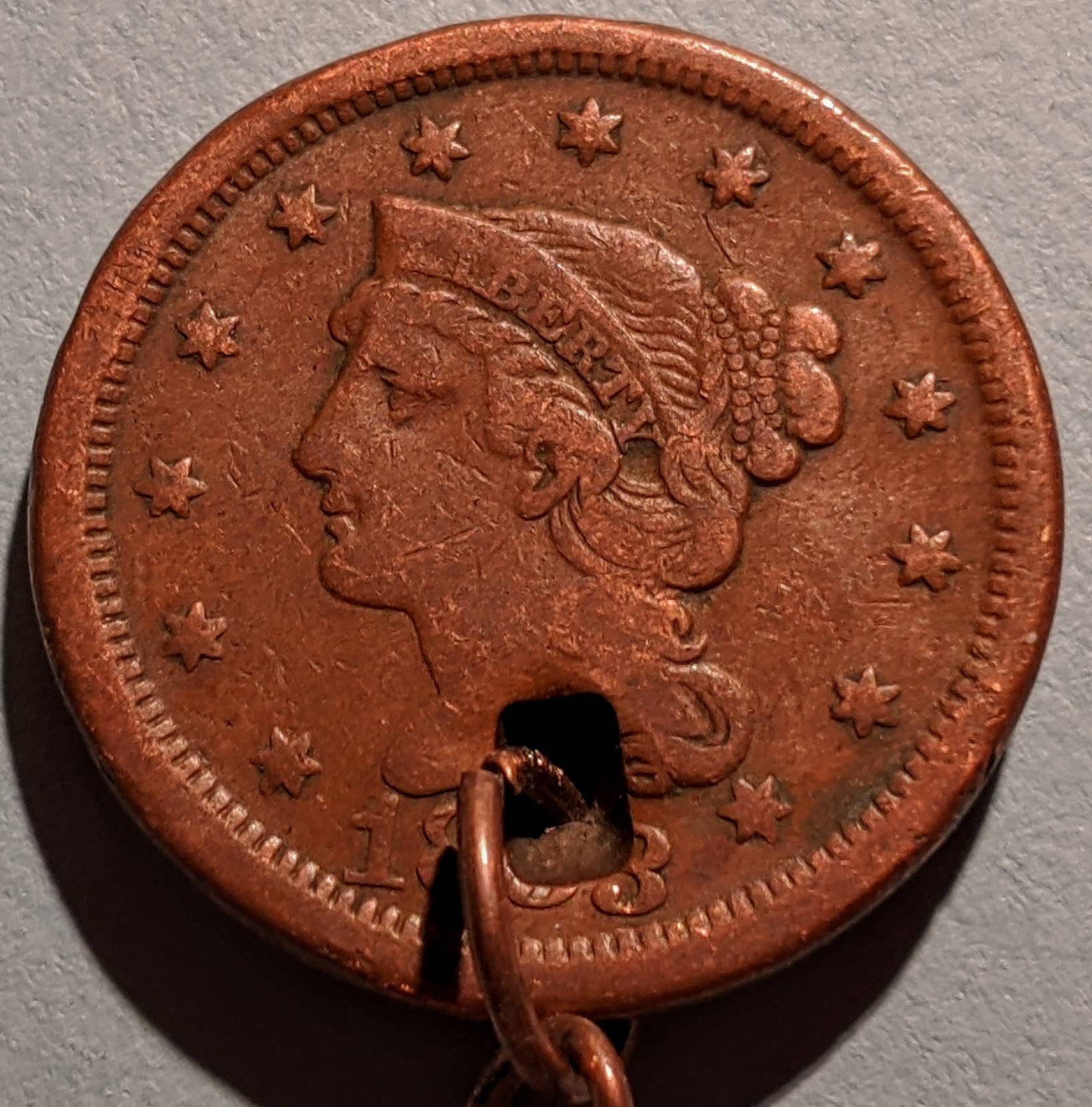 Vintage Copper U.S 1800s Large Cent Key Chain With Antique