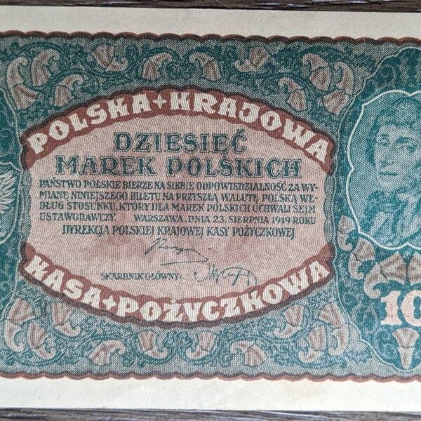 Authentic 1919 Poland 10 Marek Polskich  Queen Jadwiga Large Banknote Very Cool Antique  Banknote Currency