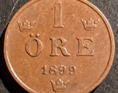 1899 Nicer Grade Vintage Sweden 1 One Ore World Coin Old Piece 1.00 Shipping
