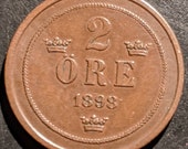 1898 Nice Grade Vintage Sweden 2 Two Ore World Coin Old Piece 1.00 Shipping