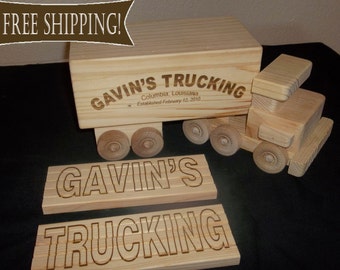 Personalized - Wooden Trucks - FREE Engraving Included - Handcrafted Wood Toy Truck & Trailer FREE Next Day Shipping! TOYS Customized!