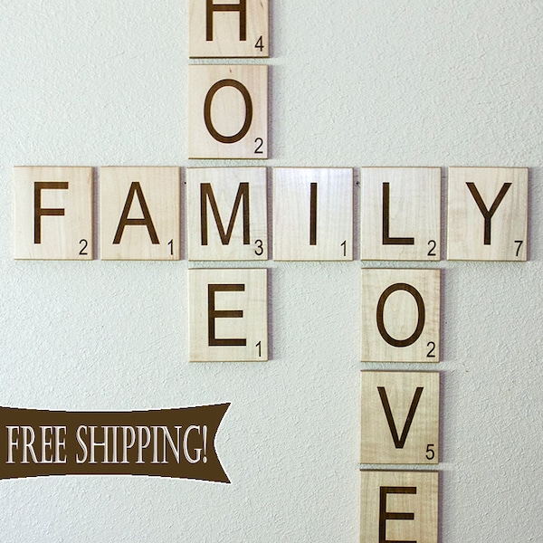 Scrabble Letters Large Individual Scrabble Tiles Crossword Wall Décor - Engraved Solid Wood FREE Shipping