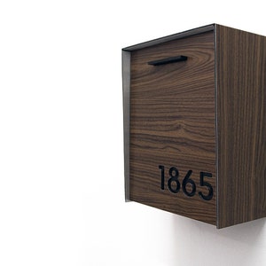 Mailbox with Wood Walnut Aluminum Face and Body and Black Acrylic Number, Modern Design Custom Mailbox Wall Mounted Mailbox, Mailnest Type 2