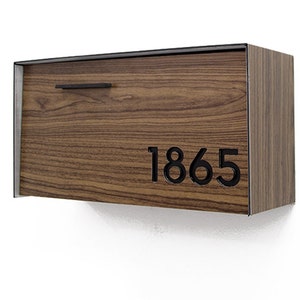 Mailbox with Aluminum Wood Walnut Face and Body and Black Acrylic Numbers, Custom Mailbox, Modern, Minimalist Wall Mounted Mailbox, Type 3