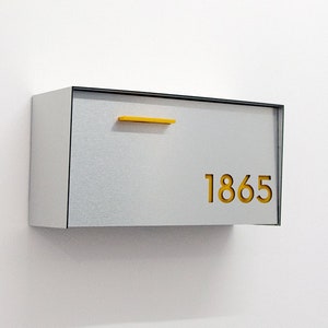 Mailbox with Brushed Aluminum Face and Body and Yellow Acrylic Numbers, Modern Design, Custom Mailbox, Wall Mounted Mailbox, Mailnest Type 3