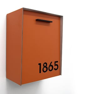 Mailbox with Orange Aluminum Face and Body and Black Acrylic Numbers, Modern Design, Custom Mailbox, Wall Mounted Mailbox, Mailnest Type 2