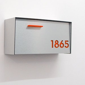 Mailbox with Brushed Aluminum Face and Body and Orange Acrylic Numbers, Modern Design, Custom Mailbox, Wall Mounted Mailbox, Mailnest Type 3
