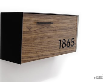 Mailbox with Aluminium Wood Walnut Face, Black Aluminum Body and Black Acrylic Numbers, Custom Mailbox, Wall Mounted Mailbox, Type 3