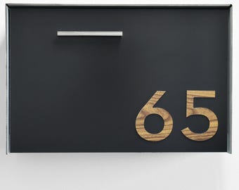 Modern Black Wall Mount Mailbox with Custom Wood Walnut Aluminum Numbers – Type 3 EU