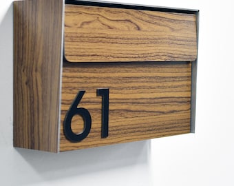 Modern Lockable Walnut Wall Mount Mailbox with Custom Black Aluminum Numbers – Type 3 EU