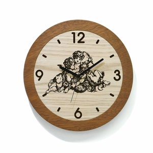 Horloge ronde en bois - gravure au laser - horloge en bois massif - support mural - oeuvre d'art en bois minimaliste - déco rétro vintage - thème baroque - anges