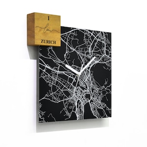 Reloj de pared cuadrado moderno de aluminio negro - Grabado láser de fibra - Diseño moderno - Mapa de Zúrich - Mapa de la ciudad de Europa - Idea de regalo personalizada