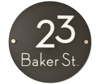 Modern House Numbers, Round Metallic Gray Aluminum with White Acrylic - Contemporary Home Address - Sign Plaque - Door Number