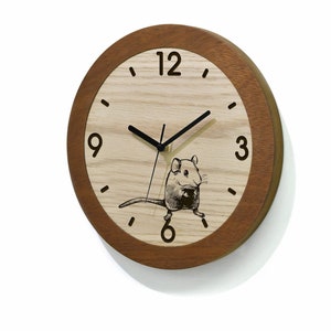 Wooden Round Clock - Laser Engraved - Simple Solid Wood Clock - Personalized Clock - Animal Theme Clock - Mouse - Hamster - Pet Lover