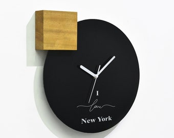 Modern Black Aluminum Wall Clock with Fiber Laser Engraving - I Love New York City - NYC - New York Gift - Countries Wall Art - Travel Gift