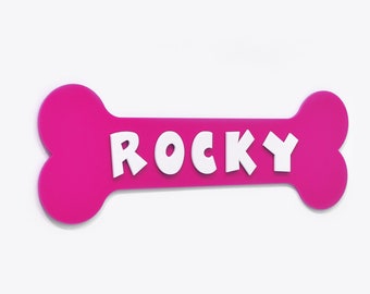 Signo de nombre de hueso de perro, acrílico rosa con letras acrílicas blancas, signo de nombre de perro personalizado, signo de mascota, signo de casa de perro
