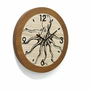 Wooden Round Clock - Laser Engraved - Simple Solid Wood Clock - Personalized Clock - Animal Theme Clock - Octopus - Sea Life - Beach House