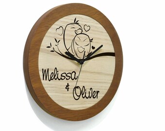 Wooden Round Clock - Laser Engraved - Valentines Day Gift Idea - Personalized Wall Clock - Wedding Gift - Anniversary - Couple Gift - Birds