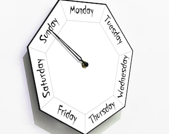 Day of The Week Clock - Heptagon White Wall Clock - Week Clock - Retirement Funny Clock - Fun Clock Gift - RGB LED 5V Backlit Option