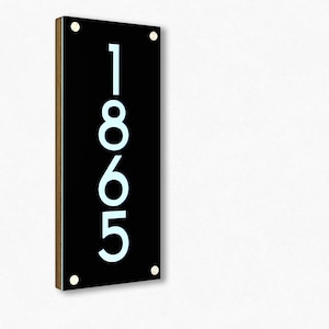 Modern House Numbers Back Framed - LED Light 5V or 12V - Iroko wood & Black Face - Contemporary Home Address Plaque - Backlit Sign - Style 2