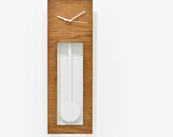 Bluntly Modern Design - Wooden Grandfather Pendulum - Wall Clock / Table Clock - Customize Wood Dark Oak Face / White Pendulum (main photo)