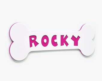 Signo de nombre de hueso de perro, signo de acrílico blanco y rosa, signo de nombre de perro personalizado, signo de mascota, signo de la casa del perro