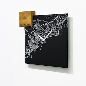Reloj de pared de aluminio negro cuadrado moderno - Grabado con láser de fibra - Arte de montaje en pared - Me encanta Panama City Beach - Florida - Mapa de la ciudad - Viaje por carretera