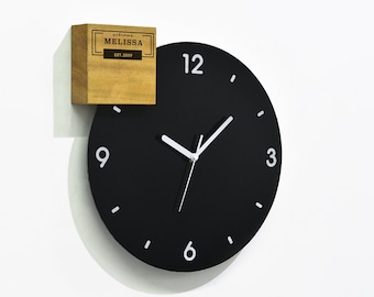 Modern Black Aluminum Wall Clock - Custom Fiber Laser Engraving - First Home Gift _ New Home Gift -  Housewarming Gift - Welcome Gift