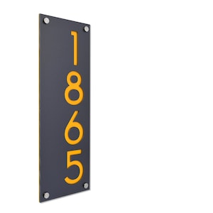 Números de casa modernos, aluminio gris metálico con acrílico amarillo - Vertical 2 - Dirección de casa contemporánea - Placa de letrero - Número de puerta