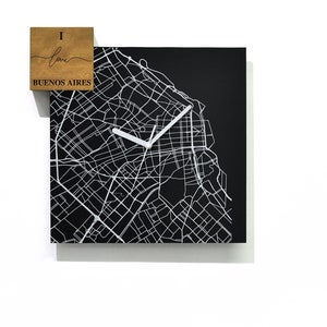 Reloj de pared de aluminio negro cuadrado moderno - grabado con láser - montaje en pared - Me encanta el reloj de Buenos Aires - Ciudad natal - Mapa de la ciudad de Argentina - Viajes