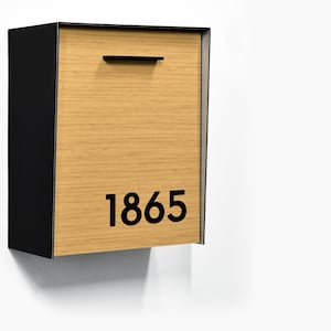 Caixa de correio com face de alumínio e bambu, corpo de alumínio preto, números em acrílico preto, design moderno, caixa de correio personalizada montada na parede, mailnest, tipo 2